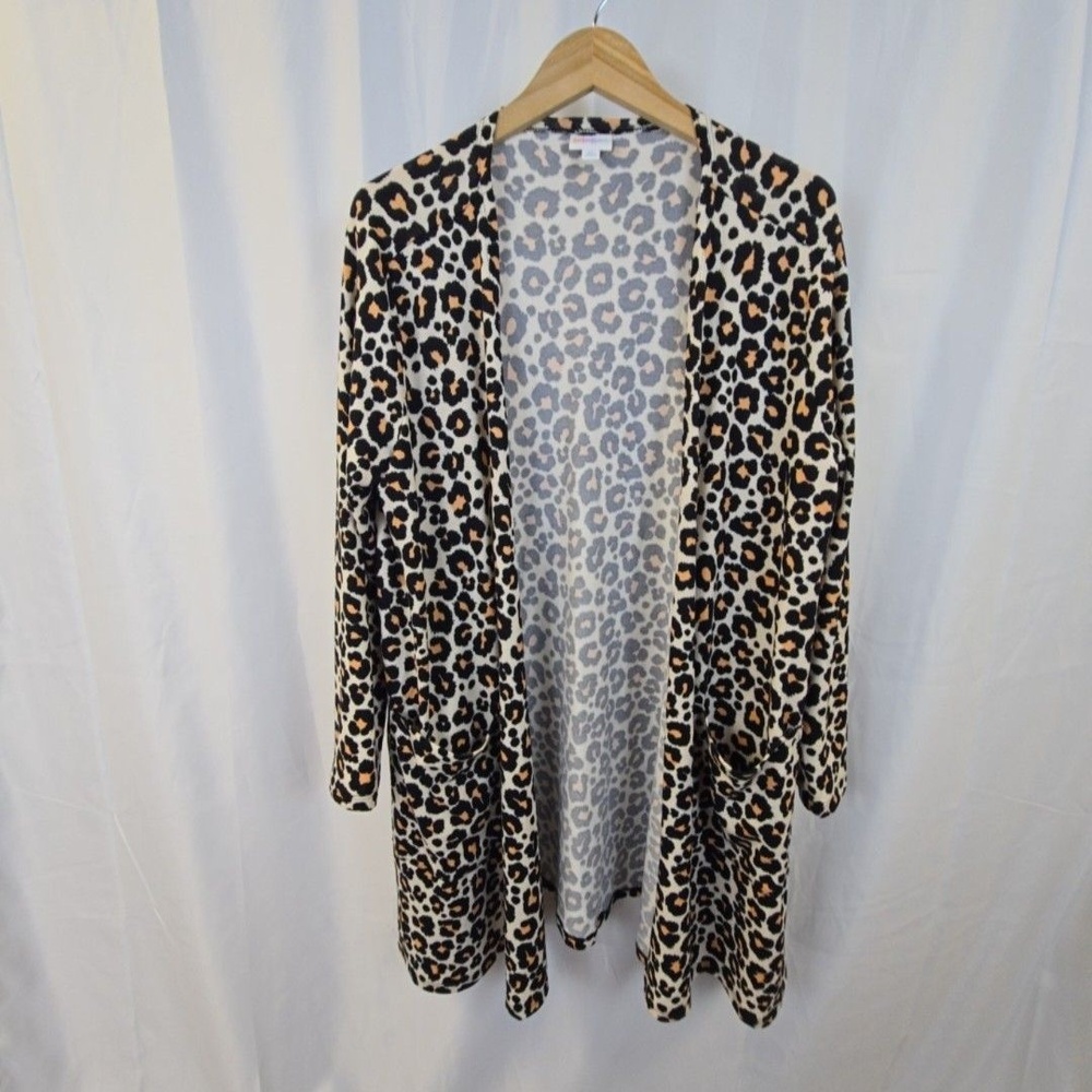 LuLaRoe Cardigan Womens XL Brown Leopard Print Open Front Pockets Long Sleeve